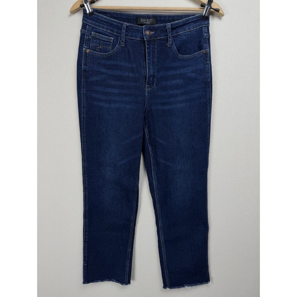Judy Blue Blue Stretch Denim Cropped Straight Fit Raw Split Hem Jeans 9/29